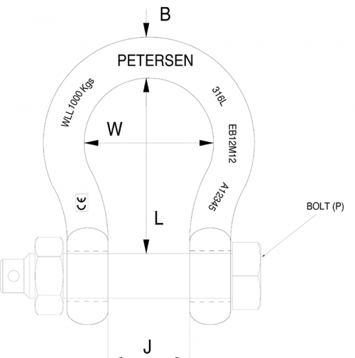 Petersen Corrosion Resistant Bow Shackle with Safety Pin diagram